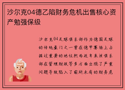 沙尔克04德乙陷财务危机出售核心资产勉强保级